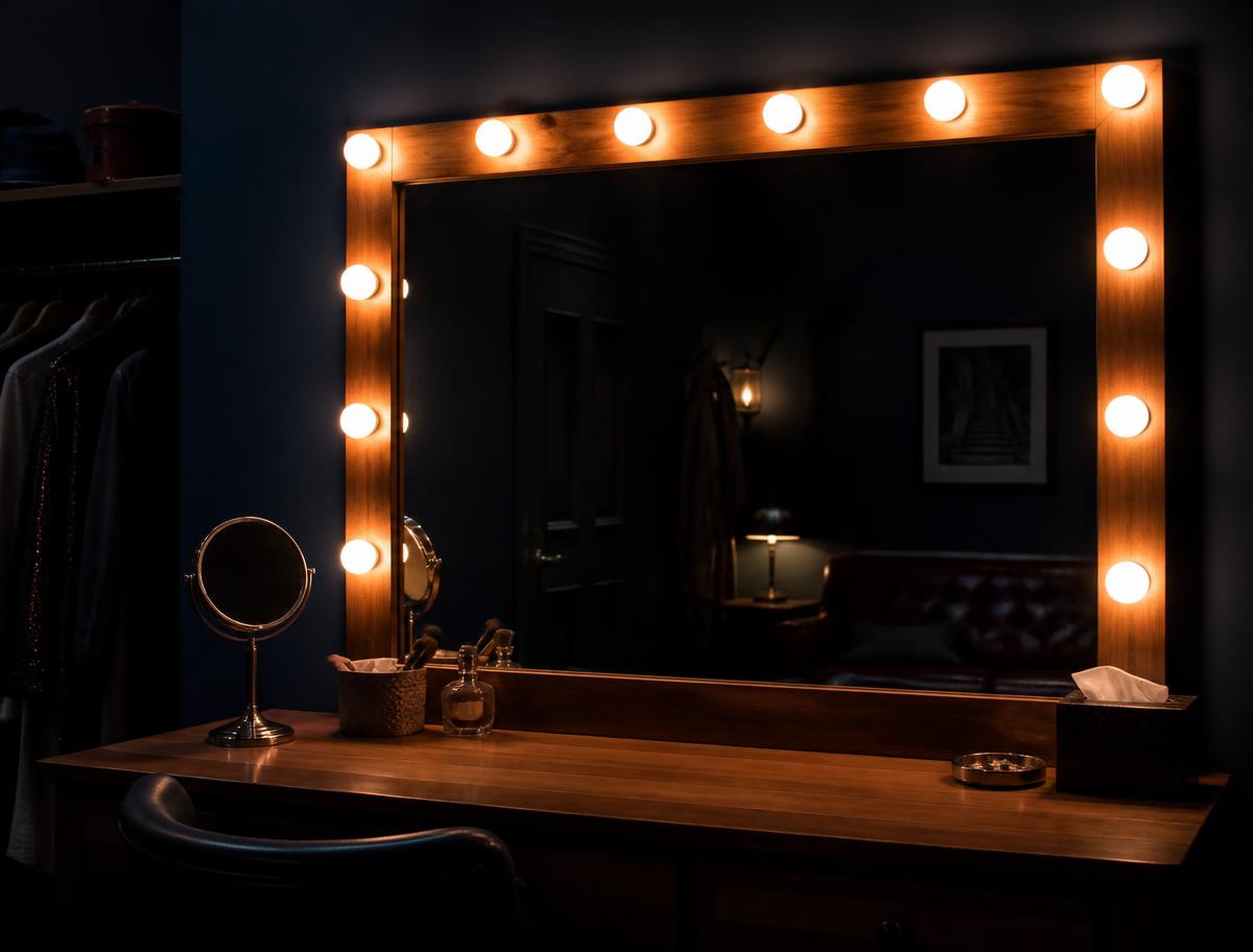 Dressing room mirror lit by warm bulbs