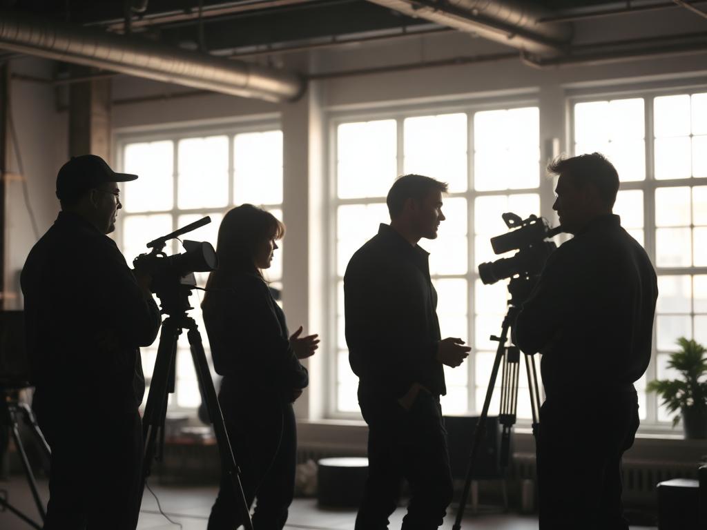 Film crew collaborating on set